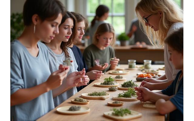 ハーブ療法ワークショップの参加者がハーブを学んでいる。